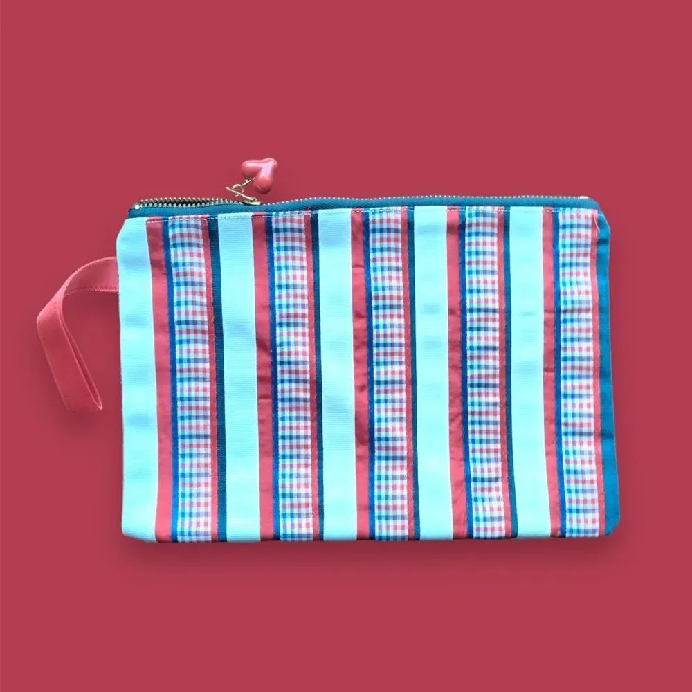Checkered Ribbon Zippered Tote Makeup Bag Toiletries Kit NEW